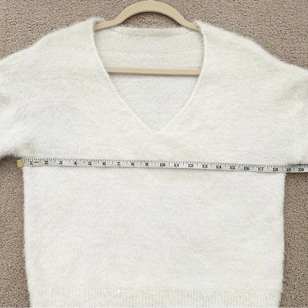 Fluffy White V-Neck Lightweight Fuzzy Sweater - Fall / Holiday / Soft & Cozy